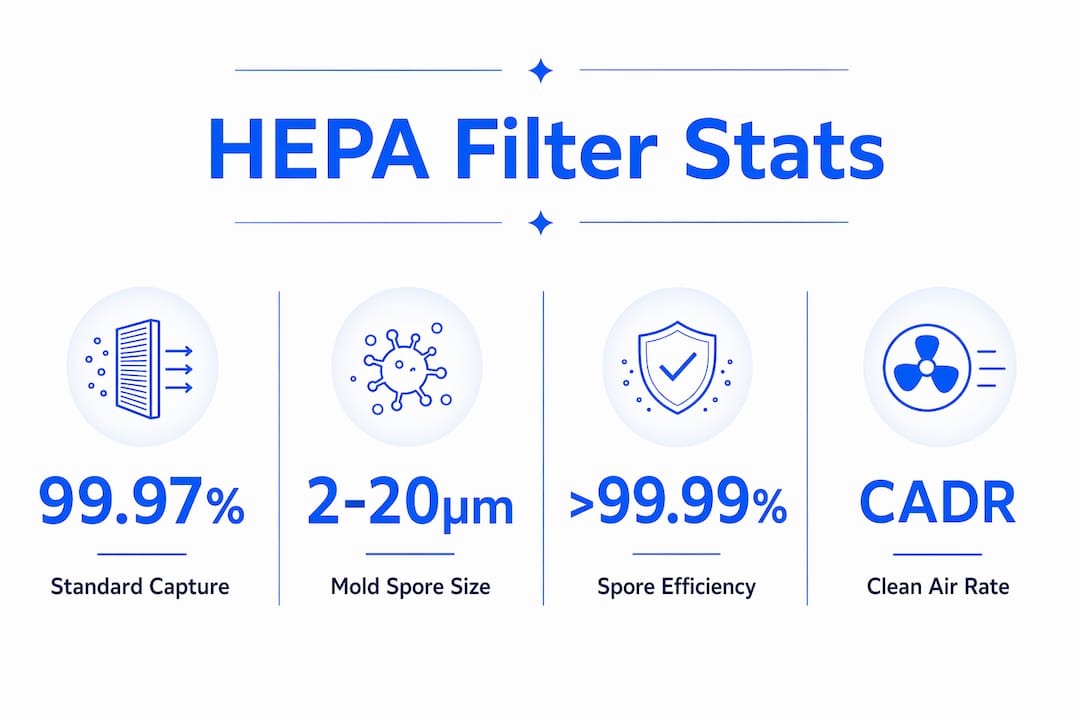 Infographic showing HEPA filter capture rates and particle sizes