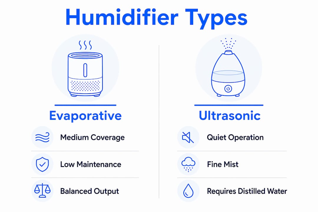 Infographic comparing evaporative and ultrasonic humidifiers