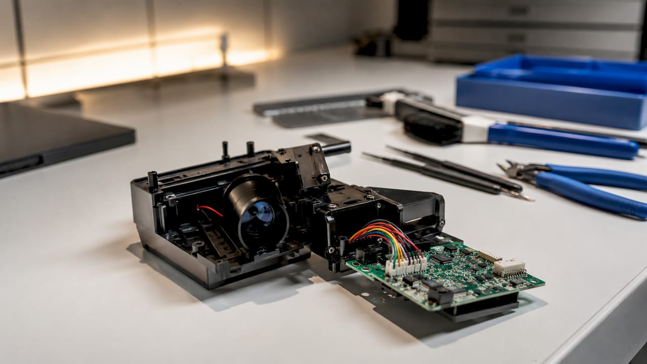 Close-up of optical PM sensor on workbench