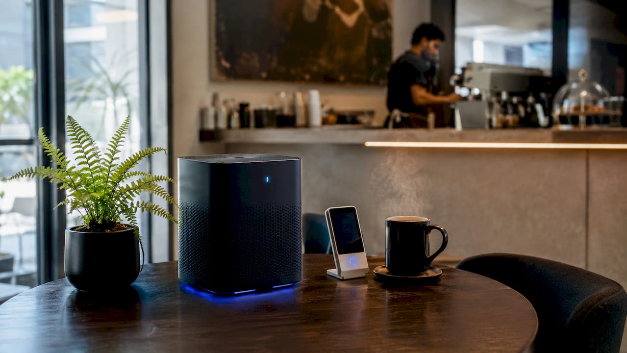 Air purifier and air quality monitor on office table
