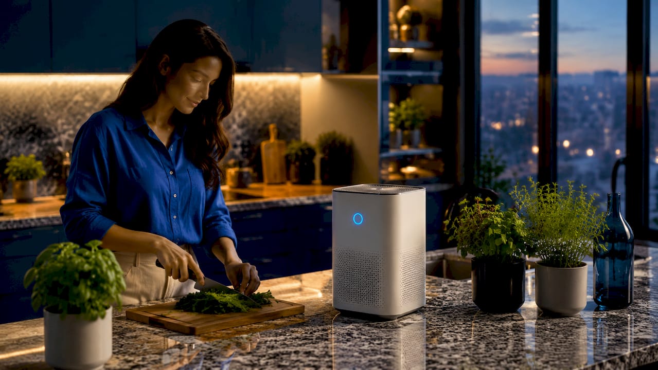 Close-up HEPA air purifier on desk with allergy medication