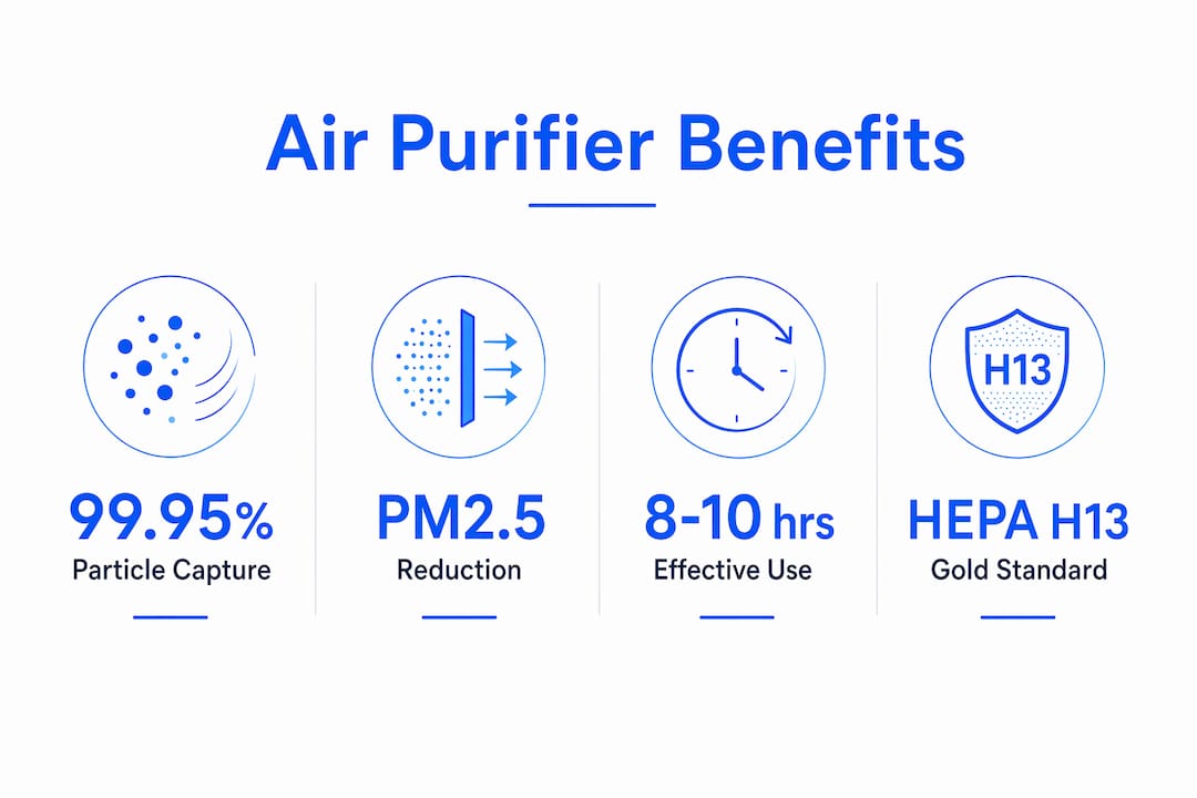 Infographic showing key benefits of air purifiers for CF patients