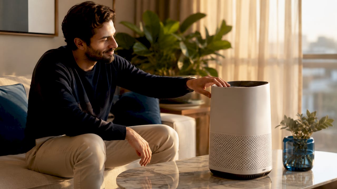 Man adjusting HEPA air purifier in bedroom