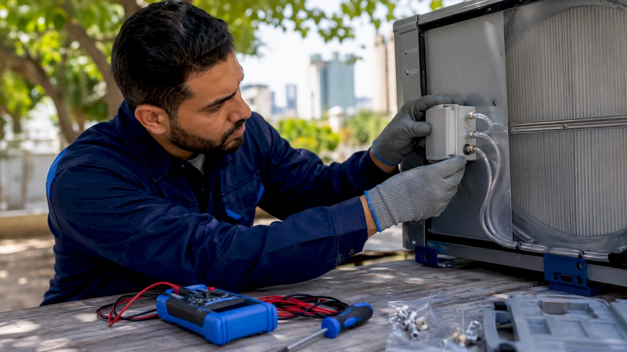 Technician installing ΔP sensor on HEPA filter