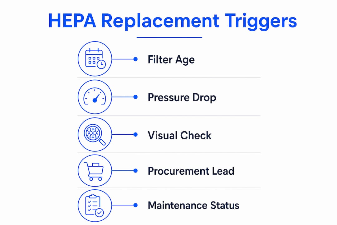 Infographic illustrating HEPA filter replacement triggers