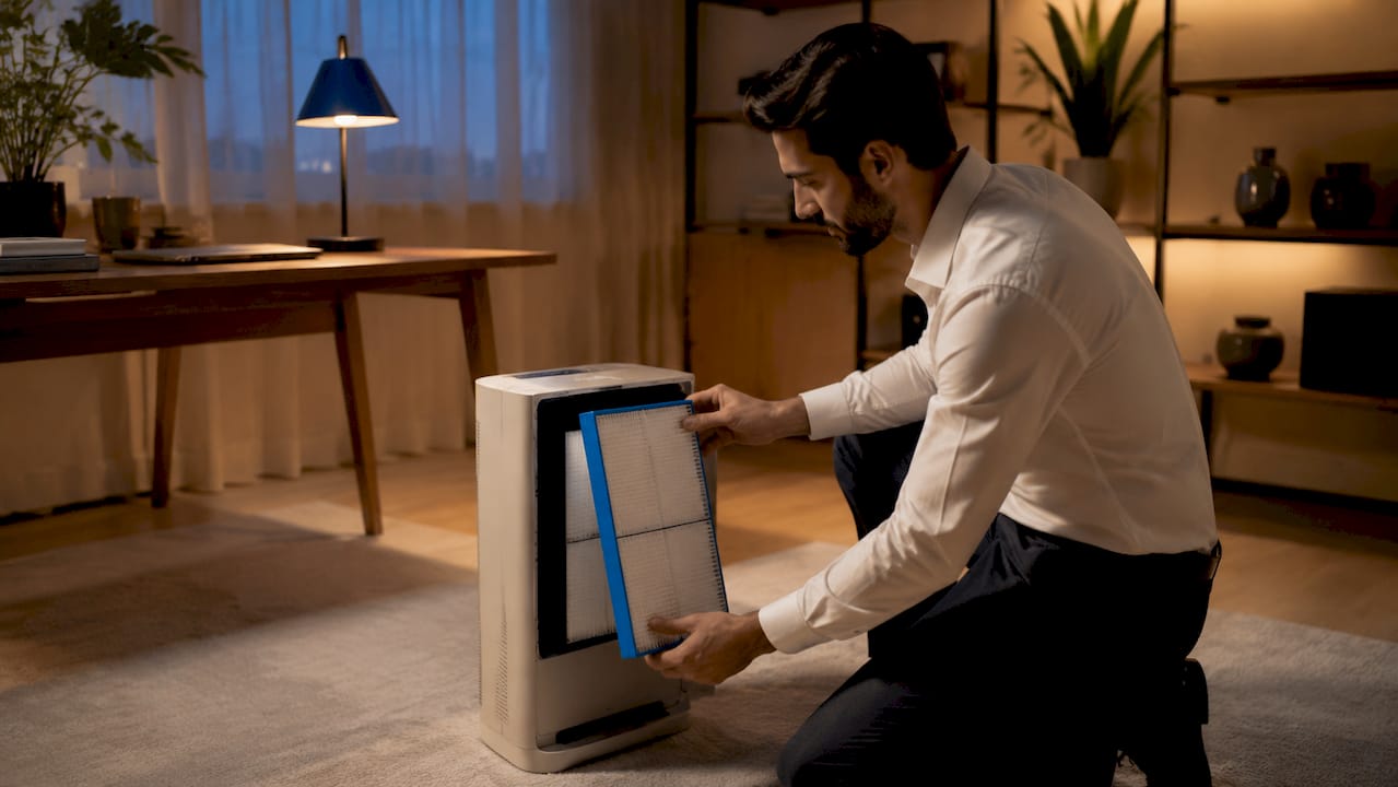 Hands installing HEPA filter in office air purifier