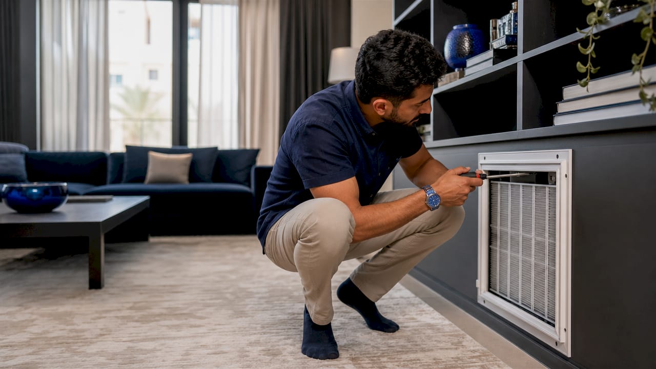 Homeowner inspecting fixed air purifier filter in HVAC vent