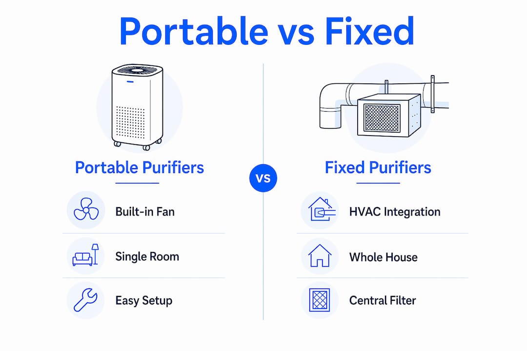 Infographic comparing portable and fixed air purifier features