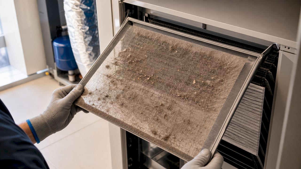 Close-up of pre-filter collecting dust and pet hair