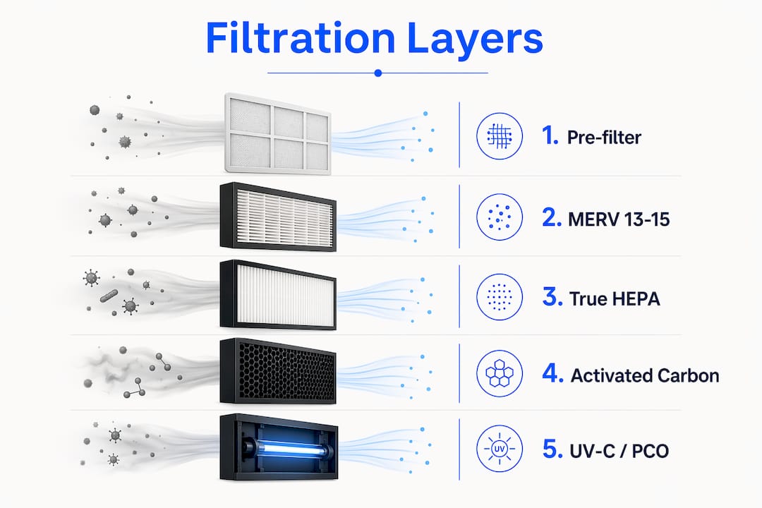 Vertical flow infographic of filtration layers