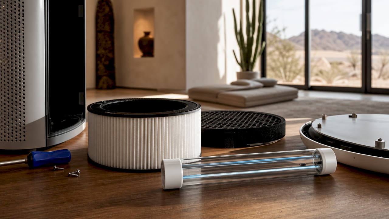 Multi-stage air purifier parts on kitchen counter
