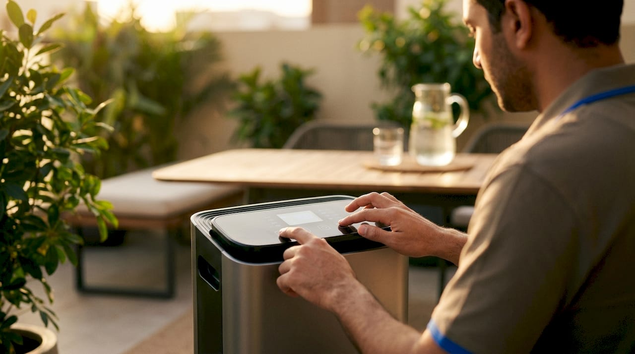 Hands adjusting dehumidifier settings