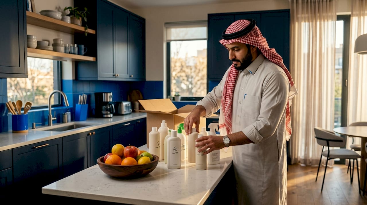 Hands unpacking low-VOC cleaning products in kitchen