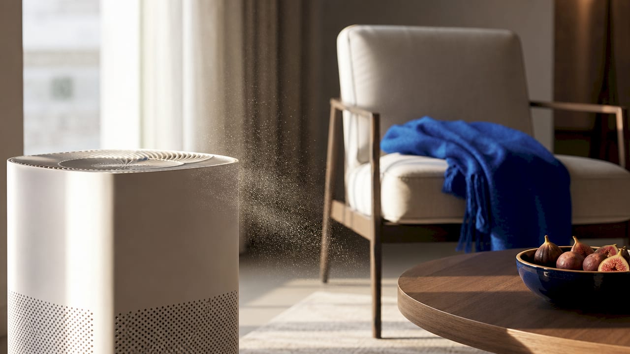 Close-up of air purifier filtering airborne dust