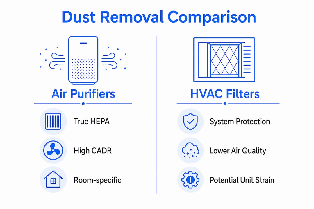 Comparison infographic of air purifiers versus HVAC filters for dust removal