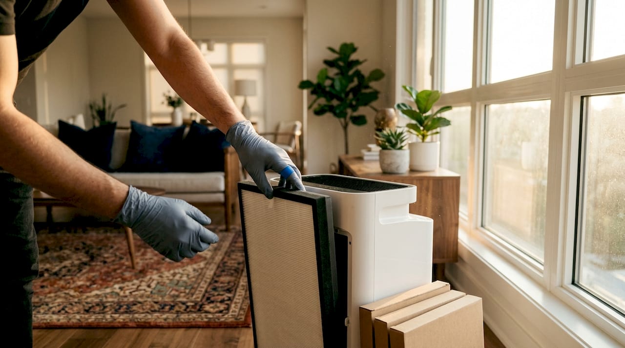Hands replacing HEPA filter in air purifier close-up