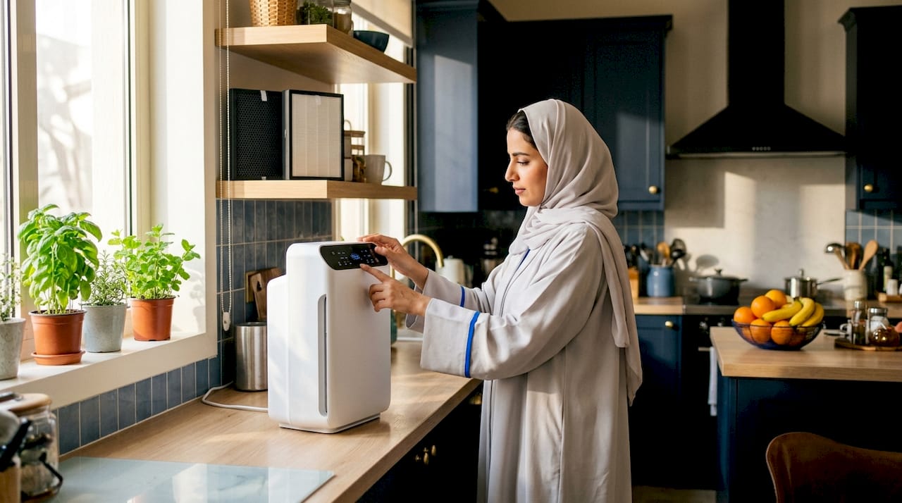 Woman changing air purifier filters at home
