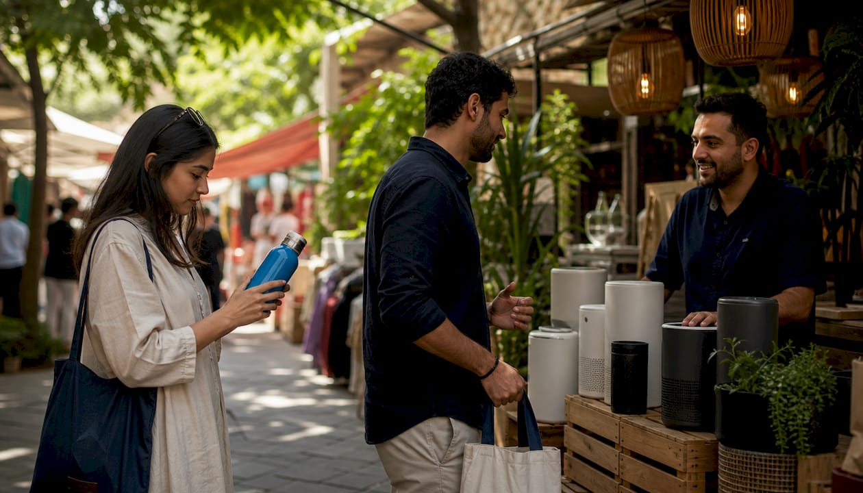 Shoppers in retail store with air purifier units
