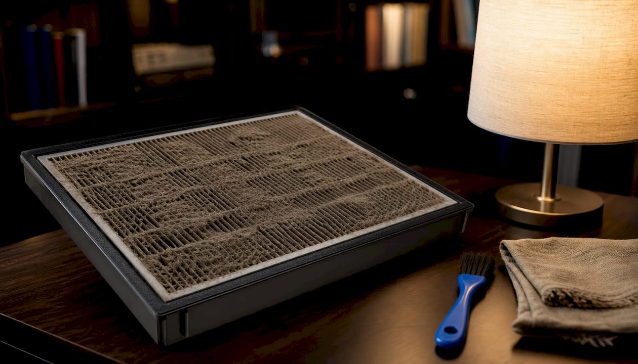 Close-up of dusty clogged HEPA filter on counter