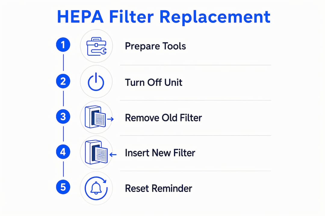 Infographic showing HEPA filter replacement steps in Saudi homes