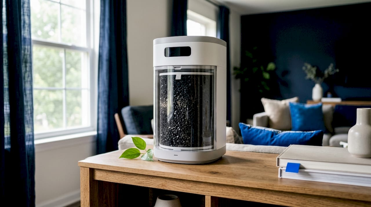 Close-up of activated carbon air filter granules in purifier