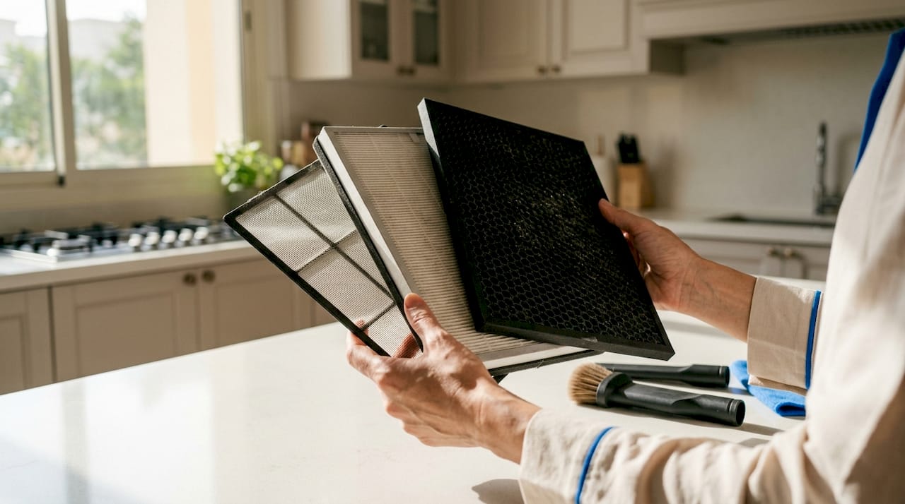 Close-up of hands holding air purifier filters