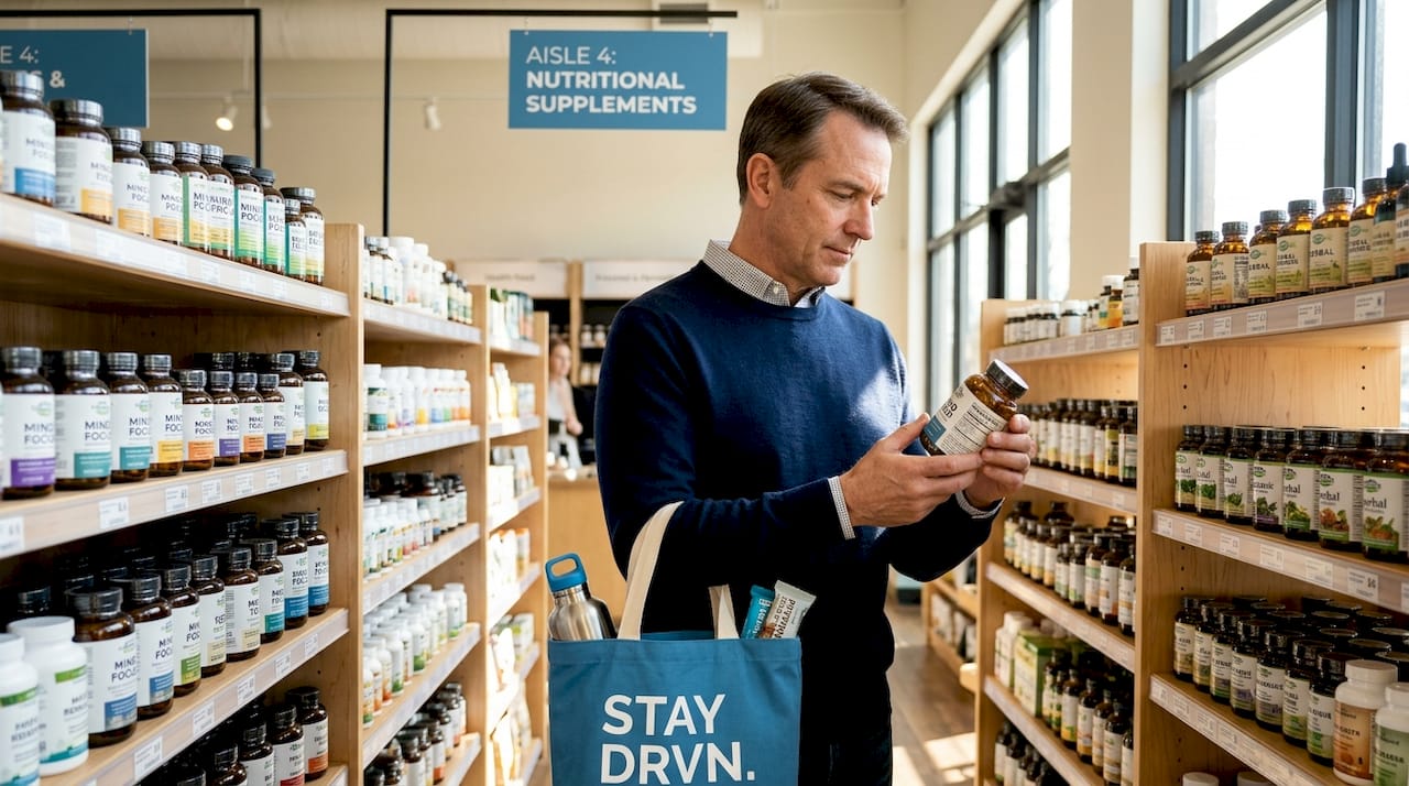 Man evaluating supplement bottles in pharmacy