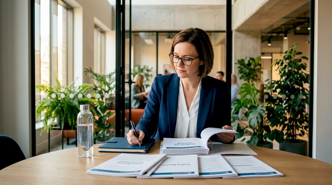 Compliance officer reviewing water safety documents