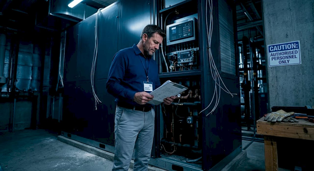 Facility manager inspects rooftop HVAC system