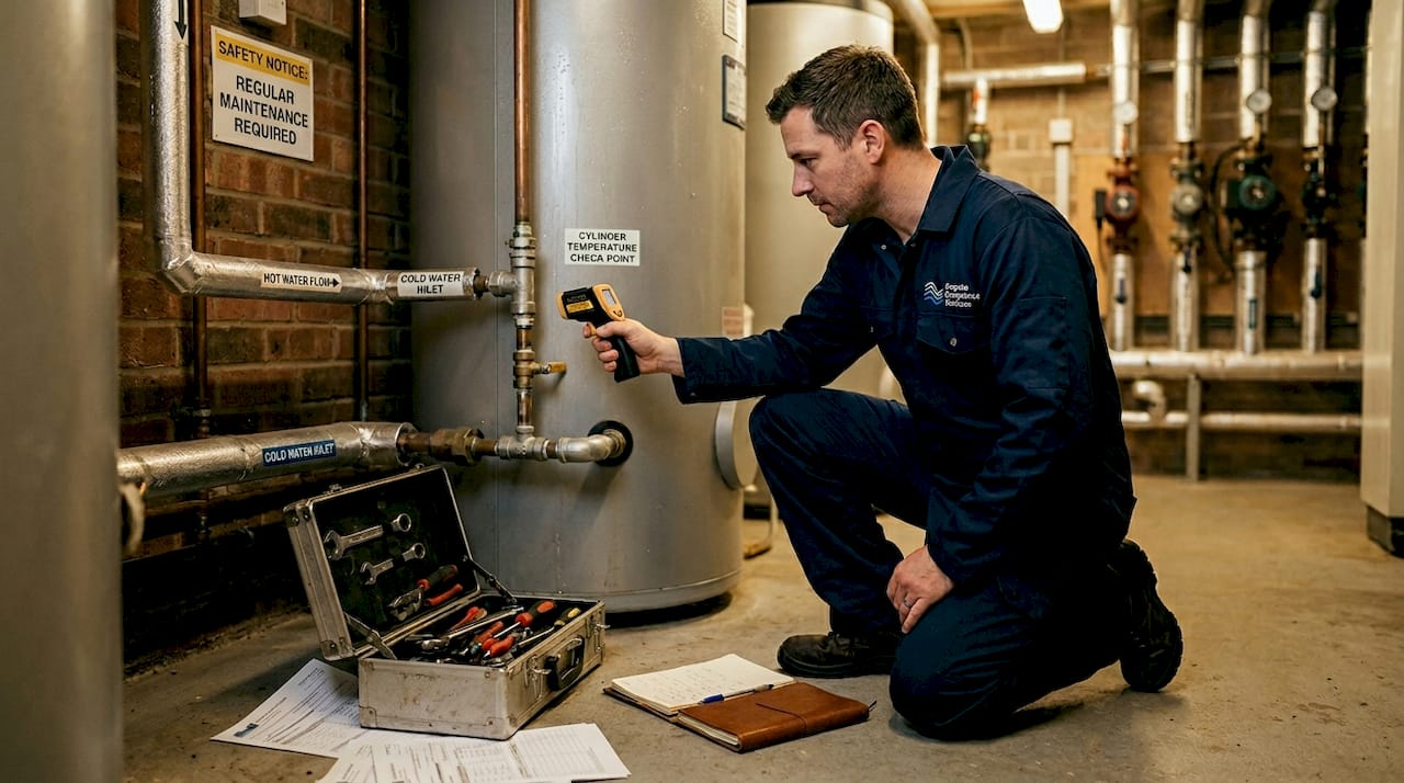 Technician checks hot water pipe temperature