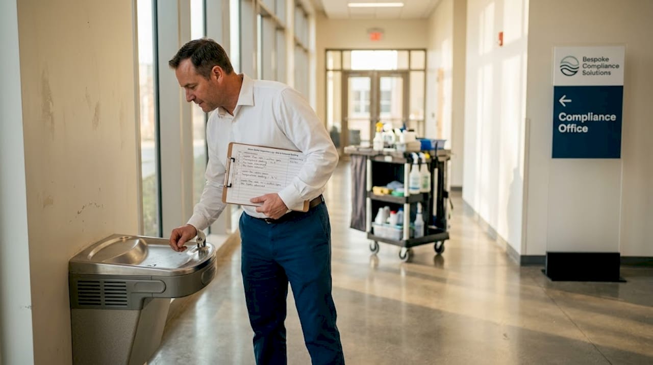 Facilities manager inspecting drinking fountain hygiene