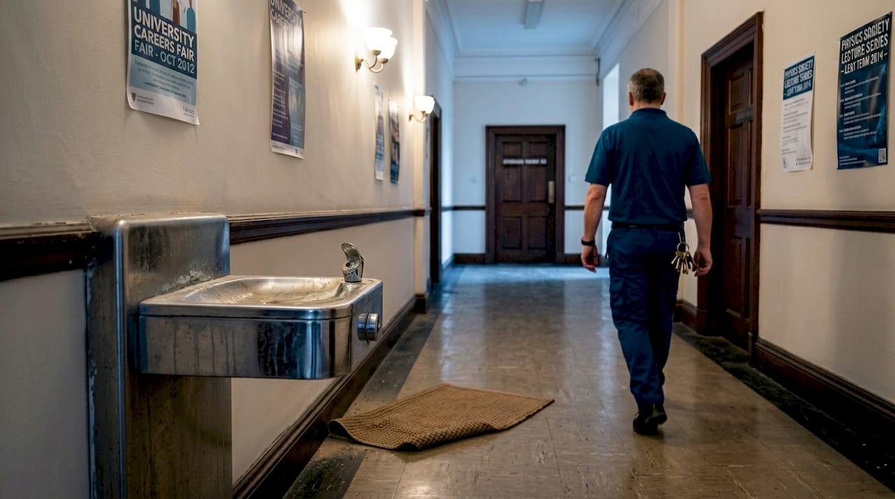 Janitor passing unused drinking fountain in corridor