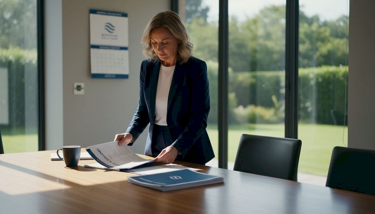 Facility manager reading water risk report in office