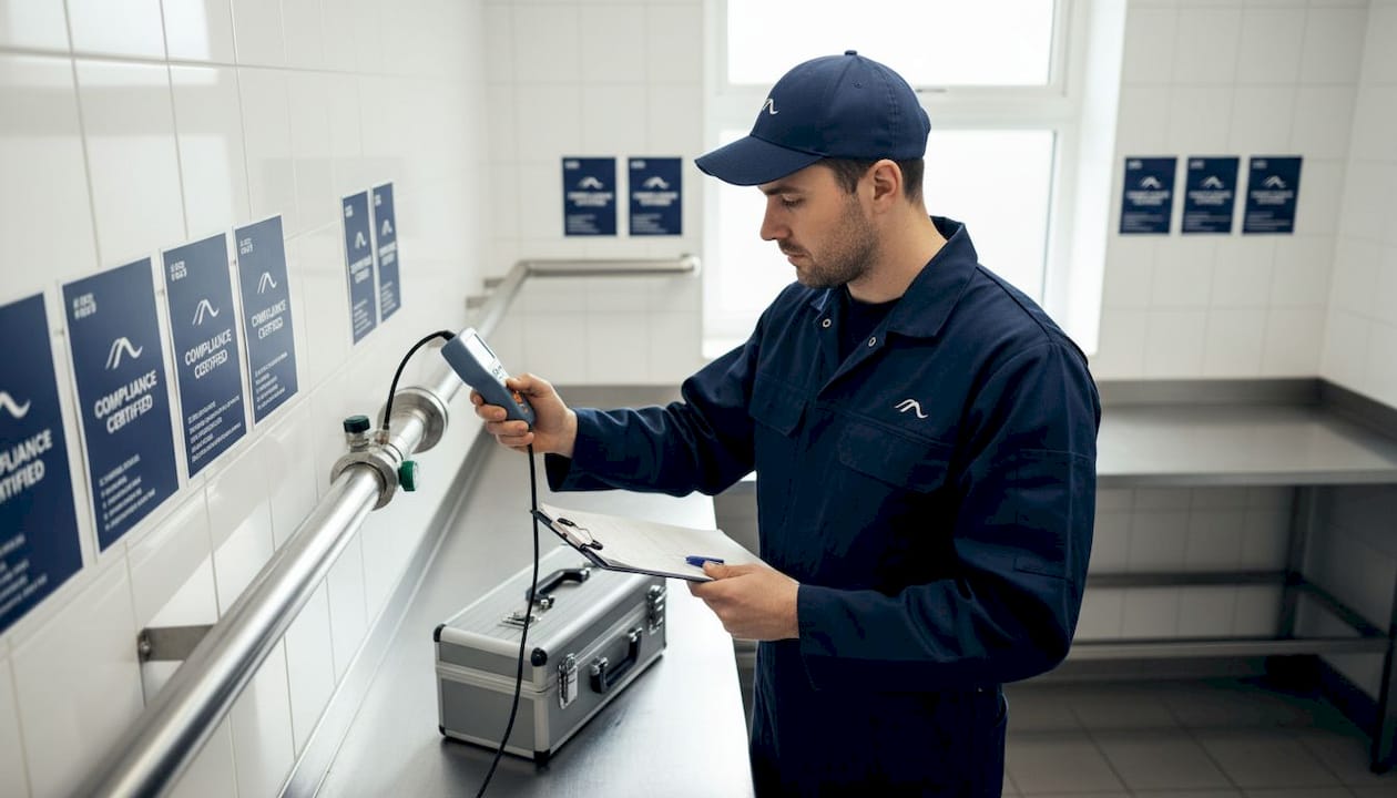 Technician checks hot water temperature in basement