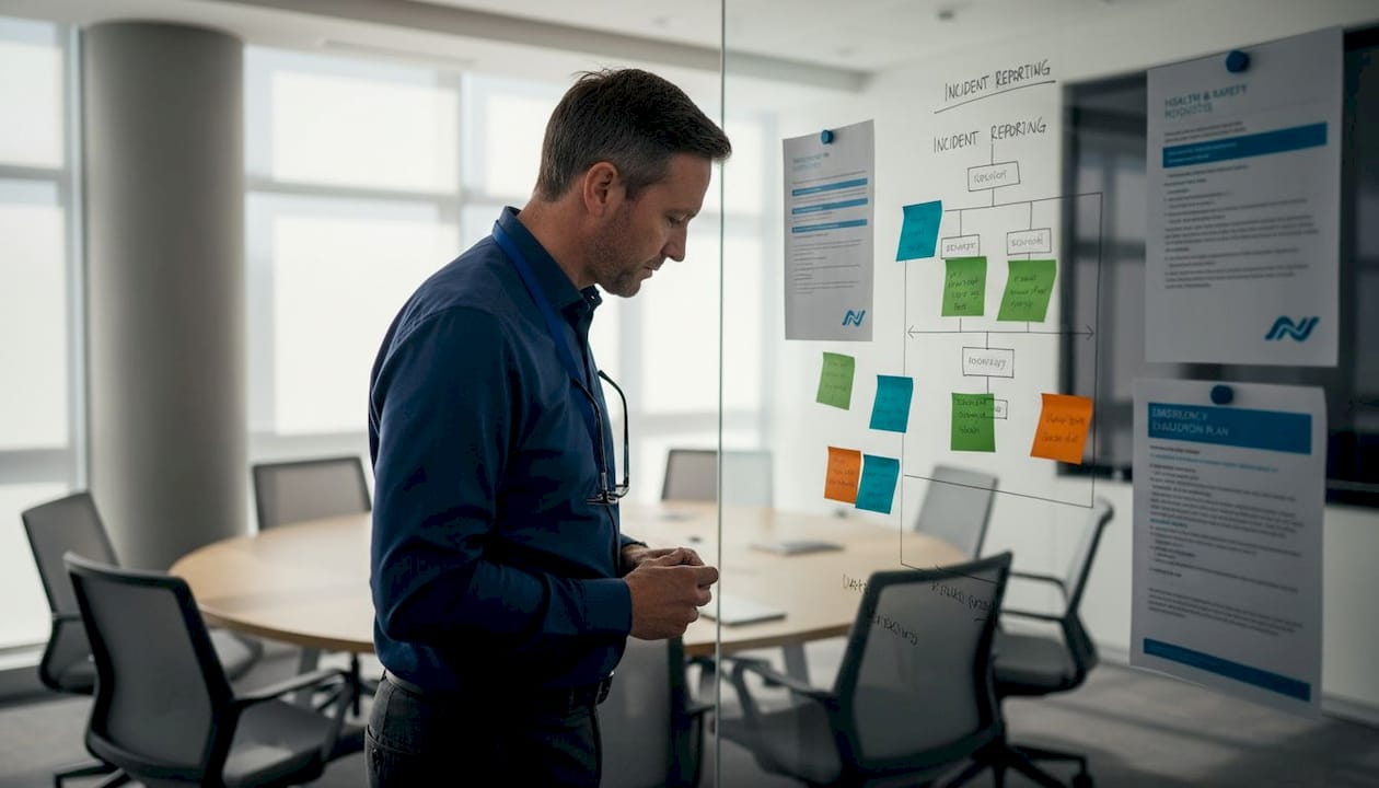 Facilities manager reviewing reporting flowchart