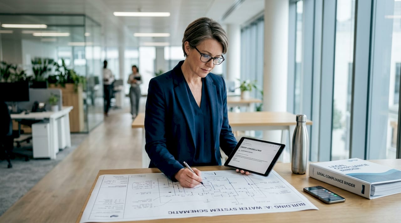 Manager reviews water risk documents at desk