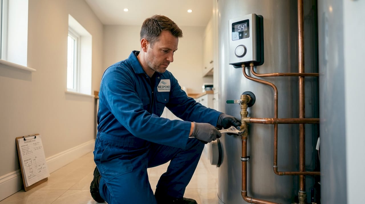 Engineer checks hot water valve and controls