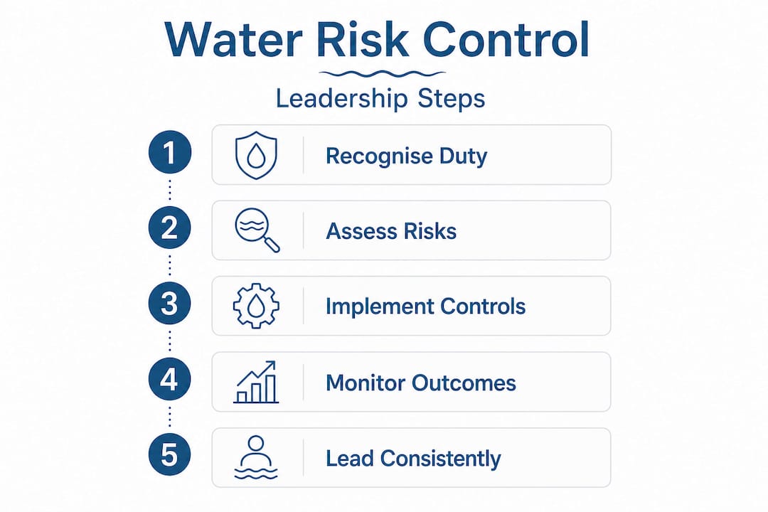 Vertical flow infographic on water risk leadership steps