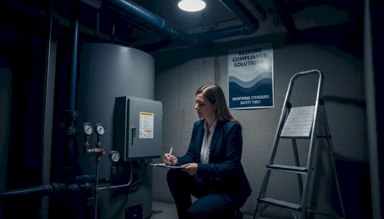Compliance officer checks water system in utility room