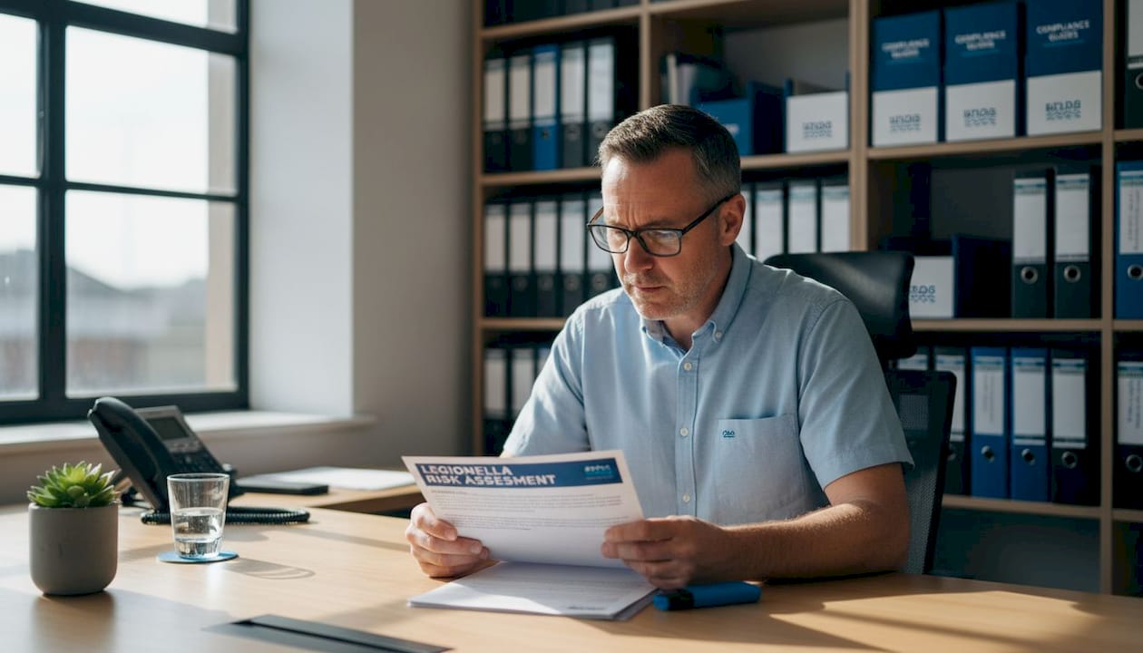 Facility manager reviews risk assessment at desk