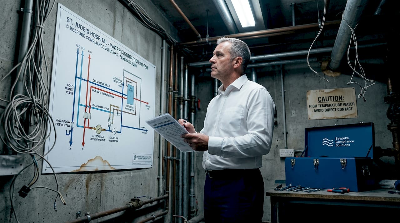 Manager checking water safety checklist in facility