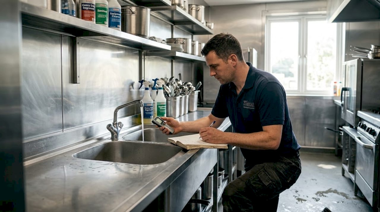 Technician checking water temperature for legionella control