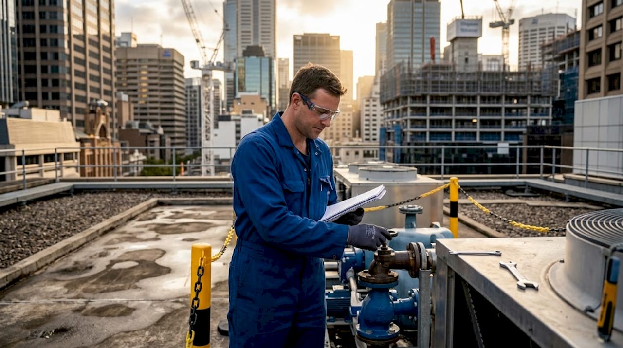 Technician inspecting rooftop cooling tower Sydney