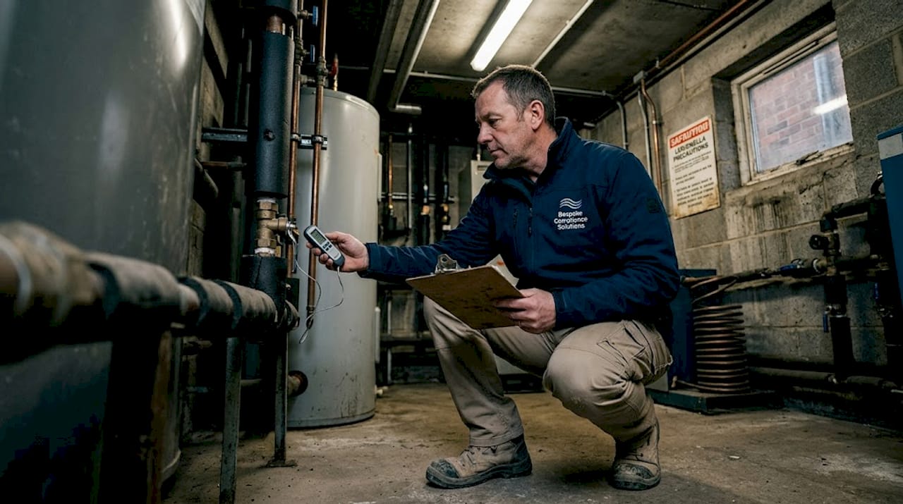 Facilities manager inspecting plumbing for legionella