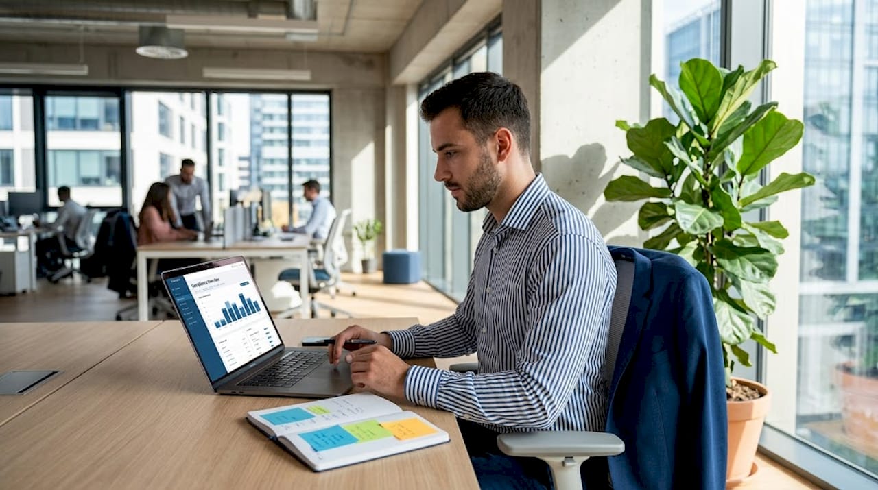 Employee reviewing digital water compliance system