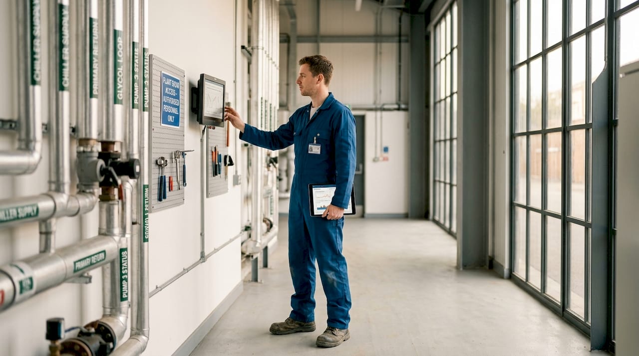 Technician checking temperature monitor in plant room