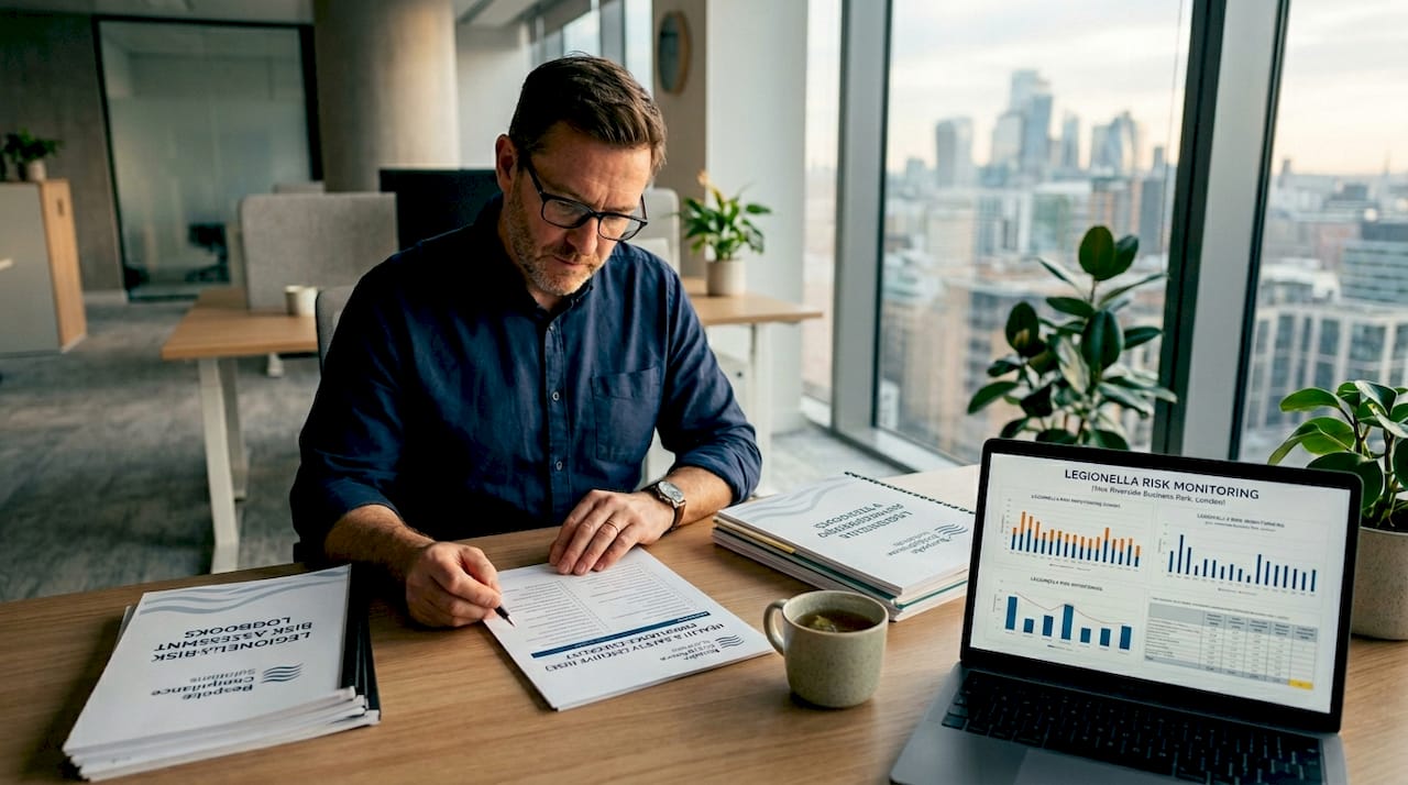 Facility manager reviewing compliance documents