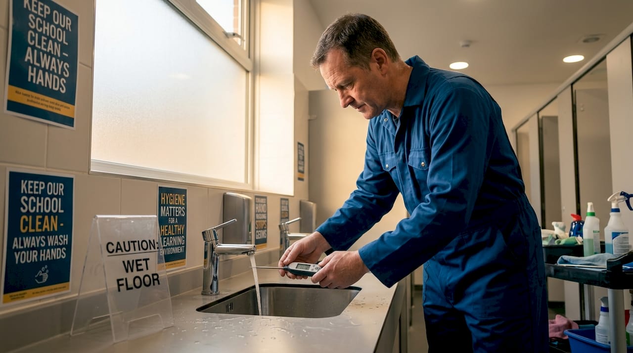 Janitor performing school water flush protocol
