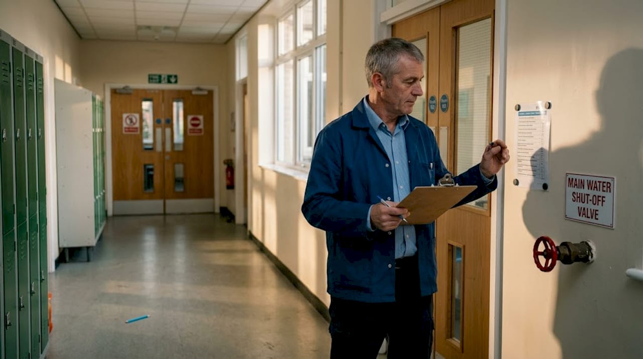 Site manager inspects school water safety system