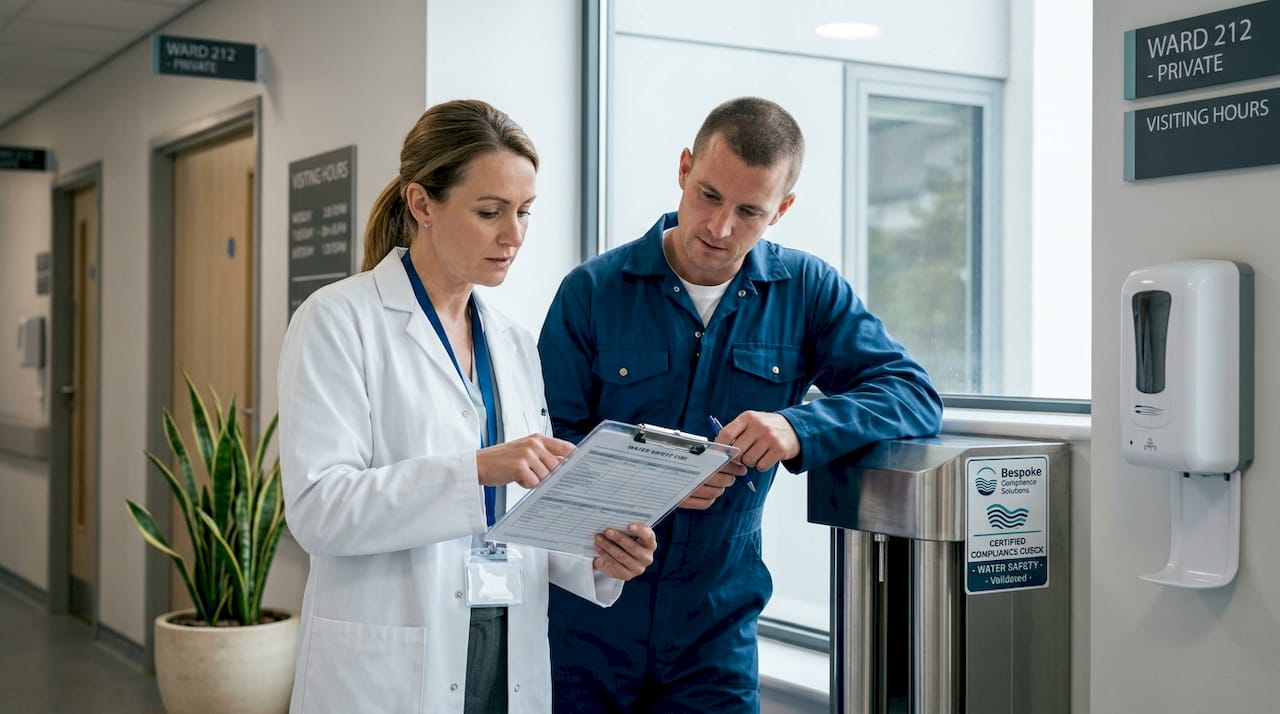 Hospital staff review water safety logs together